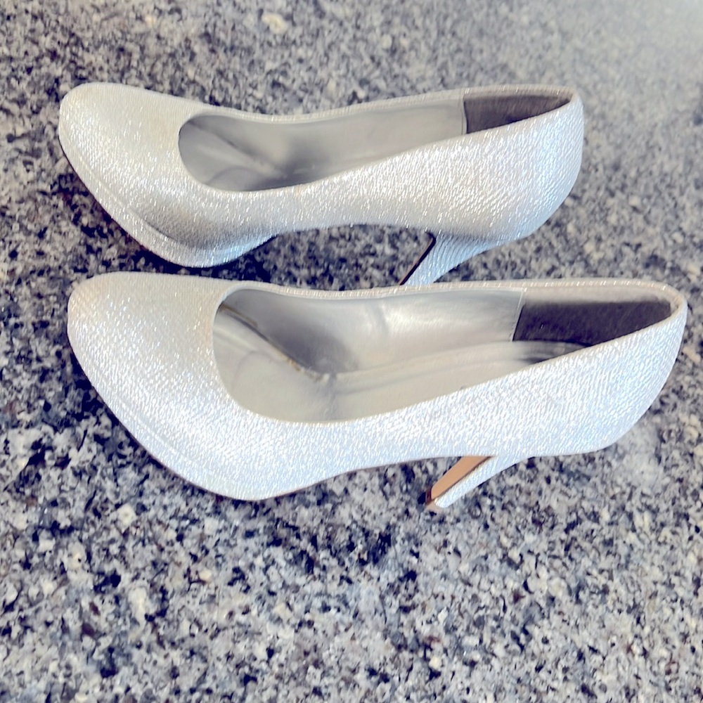 3” Call It Spring heels. Silver, diamond glitter covered high heels.